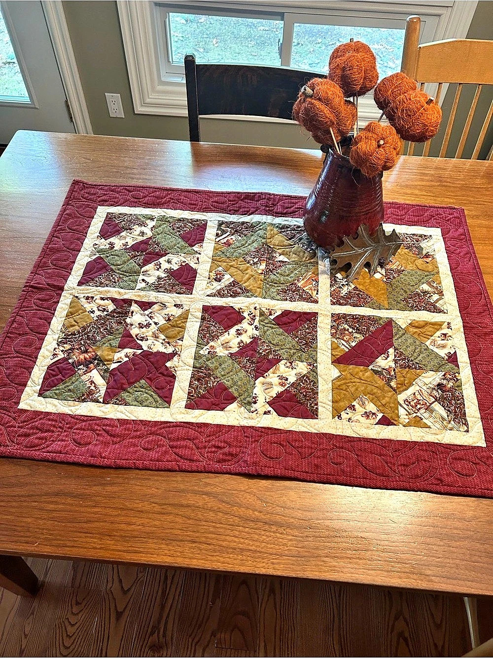 One o a Kind Handmade Quilted Table Topper in Deep Reds and Earthy Colours